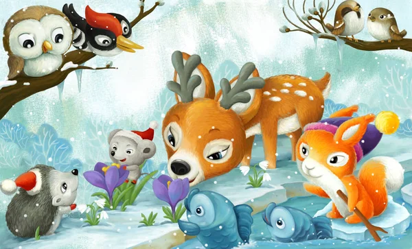 Cartoon Scene Christmas Animals Forest Stream Illustration Children — Stock Photo, Image