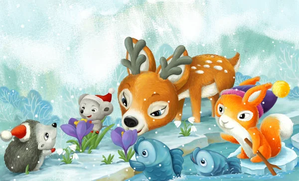 Cartoon Scene Christmas Animals Forest Stream Illustration Children — Stock Photo, Image