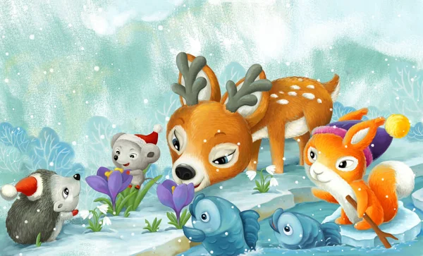 Cartoon Scene Christmas Animals Forest Stream Illustration Children — Stock Photo, Image