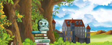 Ormanın yakınındaki güzel şatolu çizgi film doğa sahnesi - çocuklar için illüstrasyon