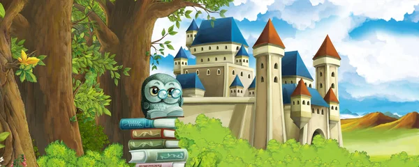 Cartoon nature scene with beautiful castle near the forest - illustration for the children