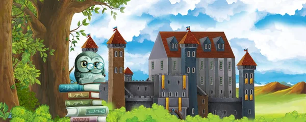 Cartoon nature scene with beautiful castle near the forest - illustration for the children