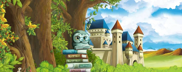 Cartoon nature scene with beautiful castle near the forest - illustration for the children