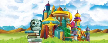 Ormanın yakınındaki güzel şatolu çizgi film doğa sahnesi - çocuklar için illüstrasyon