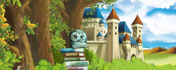 Cartoon nature scene with beautiful castle near the forest - illustration for the children