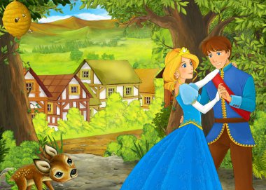 Çocuklar için prens ve prenses resimli güzel şatolu karikatür doğa sahnesi