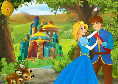 Karikatür doğa sahnesi. Prens ve prensesle güzel bir şato. Çocuklar için çizimler.