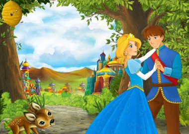 Çocuklar için prens ve prenses resimli güzel şatolu karikatür doğa sahnesi