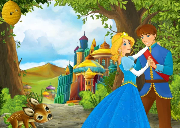 Cartoon nature scene with beautiful castle with prince and princess illustration for children