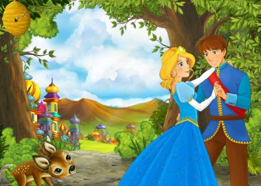 Çocuklar için prens ve prenses resimli güzel şatolu karikatür doğa sahnesi