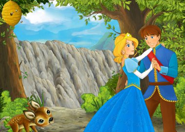 Çocuklar için prens ve prenses resimli güzel şatolu karikatür doğa sahnesi