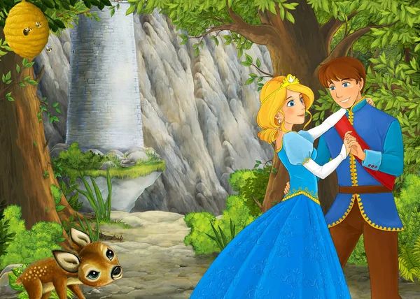 Cartoon nature scene with beautiful castle with prince and princess illustration for children