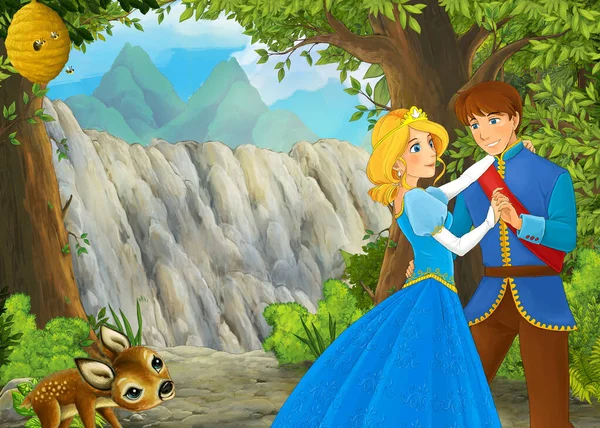 Cartoon nature scene with beautiful castle with prince and princess illustration for children