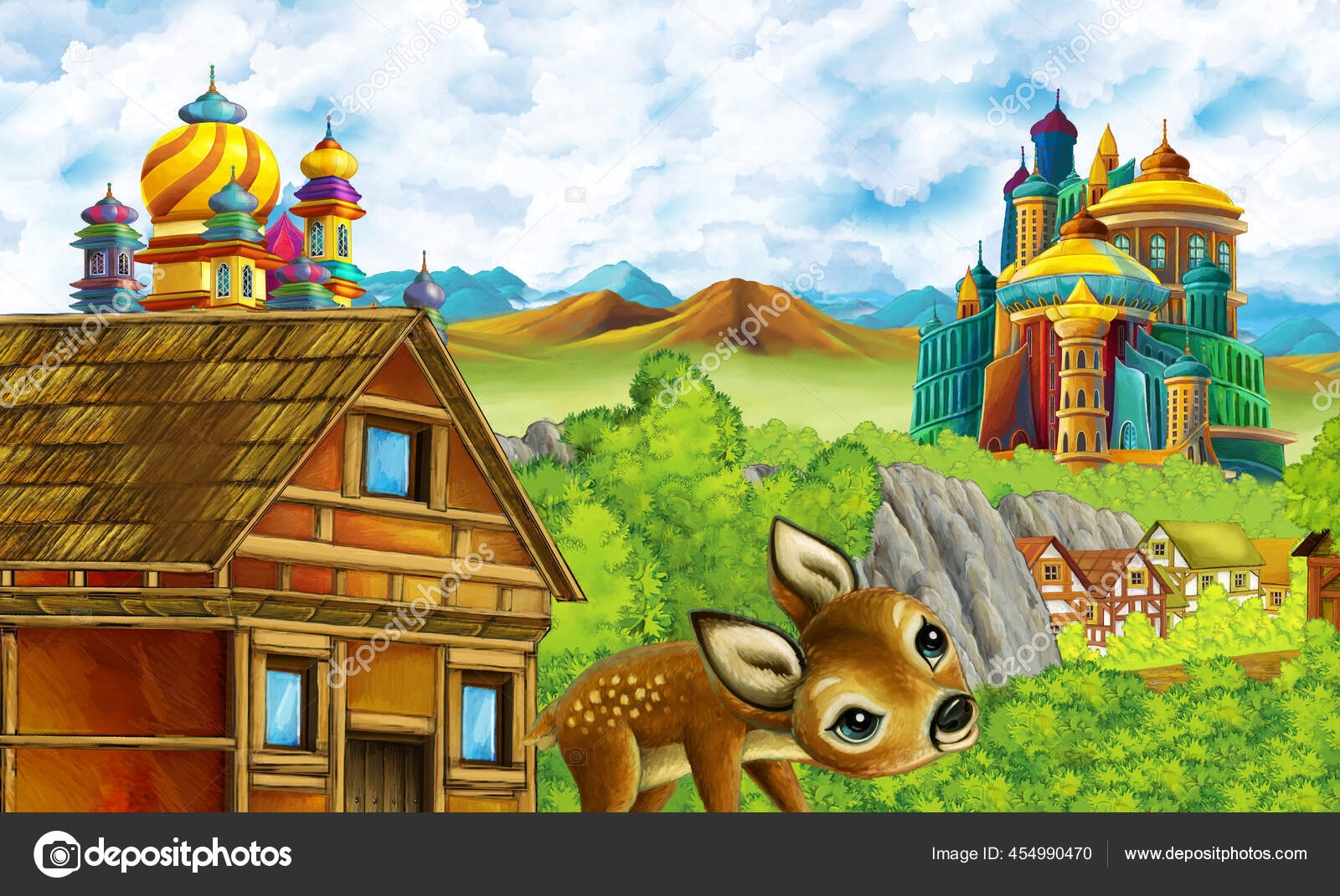 Adegan Kartun Dengan Kerajaan Benteng Lembah Pegunungan Dekat Hutan Dan Stok Foto C Illustrator Hft 454990470