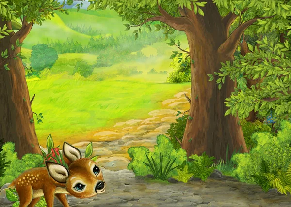 Cartoon nature scene near the forest with a path - illustration for the children