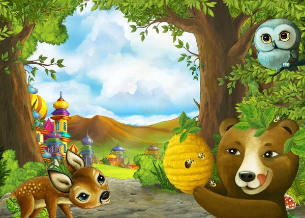 Cartoon nature scene near the forest with a path and animals - illustration for the children