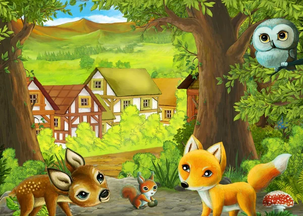 Cartoon nature scene near the forest with a path - illustration for the children