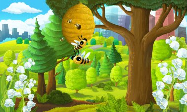 Şehrin dışındaki parkta bir çizgi film sahnesinde çocuklar için resimde kimse yoktu.