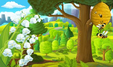 Şehrin dışındaki parkta bir çizgi film sahnesinde çocuklar için resimde kimse yoktu.