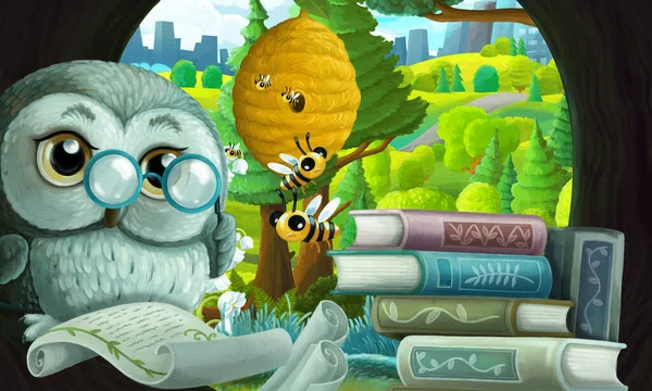 cartoon scene with wise owl in its tree house learning from books near the city - illustration for children