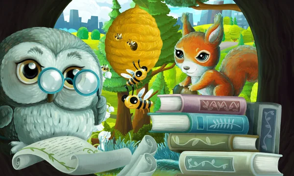 cartoon scene with wise owl in its tree house learning from books near the city - illustration for children