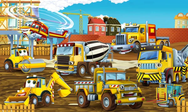 Kreslená Scéna Vtipnými Stavebními Vozy Vrtulníkem Ilustrace Pro Děti — Stock fotografie