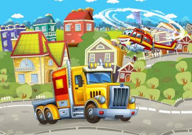 Mutlu kargo kamyonu ve itfaiye helikopteri şehirde.