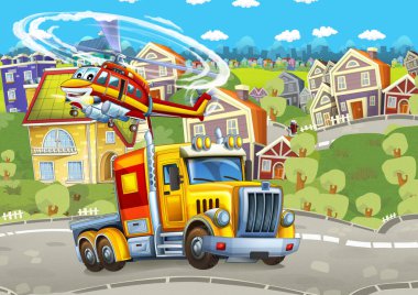 Mutlu kargo kamyonu ve itfaiye helikopteri şehirde.