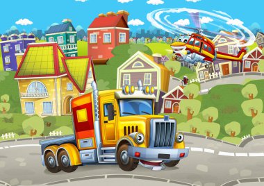 Mutlu kargo kamyonu ve itfaiye helikopteri şehirde.