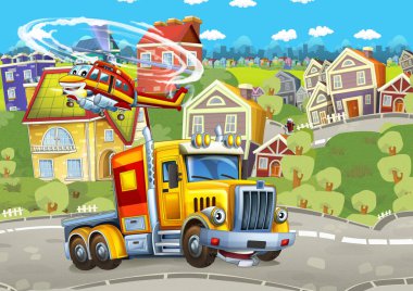 Mutlu kargo kamyonu ve itfaiye helikopteri şehirde.