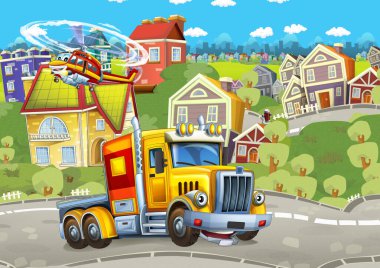 Mutlu kargo kamyonu ve itfaiye helikopteri şehirde.