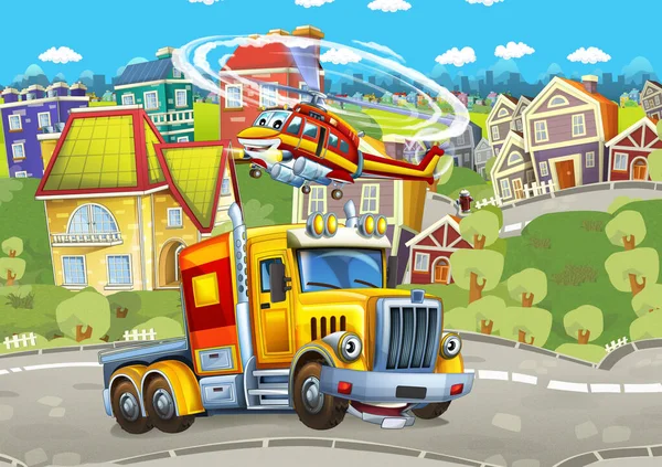 cartoon happy cargo truck and fireman helicopter in the city