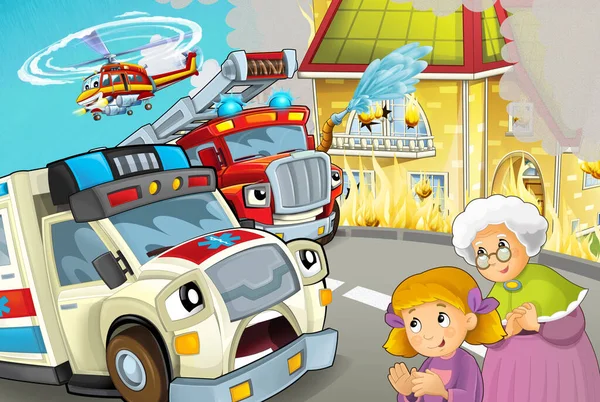 cartoon scene with different cars vehicles on the street with fireman - illustration for children