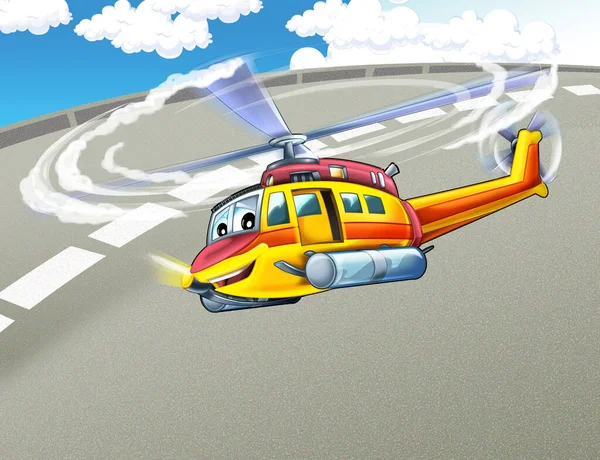 cartoon scene with helicopter flying in the city - illustration for children