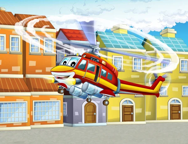 cartoon scene with helicopter flying in the city - illustration for children