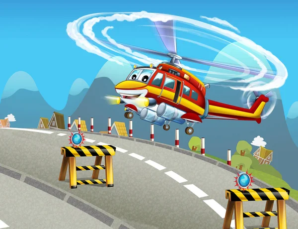 cartoon scene with helicopter flying in the city - illustration for children