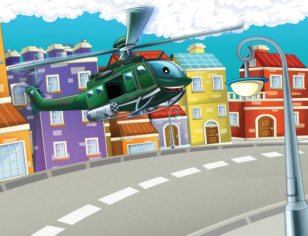 cartoon scene with helicopter flying in the city - illustration for children