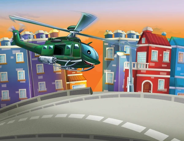 cartoon scene with helicopter flying in the city - illustration for children