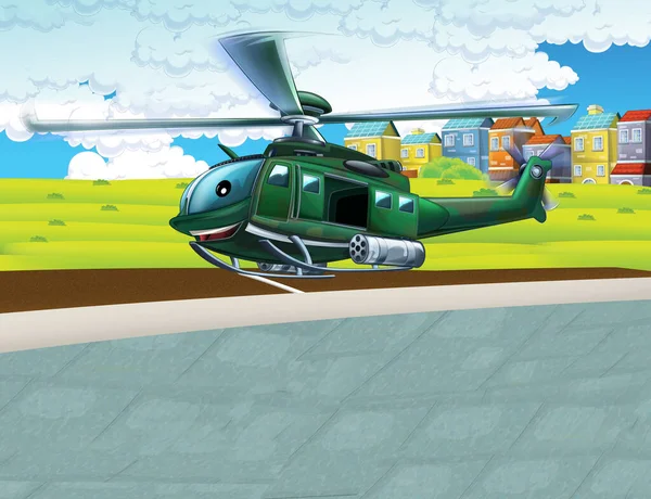 cartoon scene with helicopter flying in the city - illustration for children