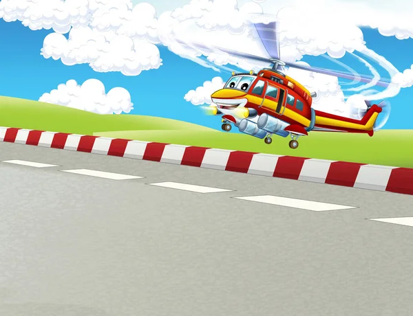 cartoon scene with helicopter flying in the city - illustration for children