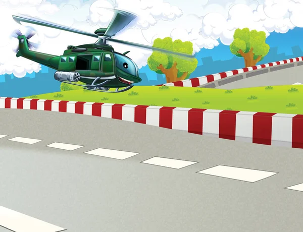 cartoon scene with helicopter flying in the city - illustration for children