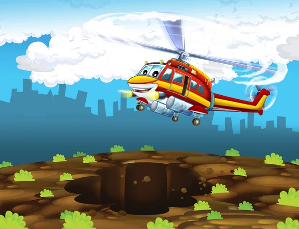 cartoon scene with helicopter flying in the city - illustration for children