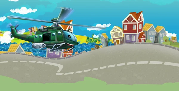 cartoon scene with helicopter flying in the city - illustration for children