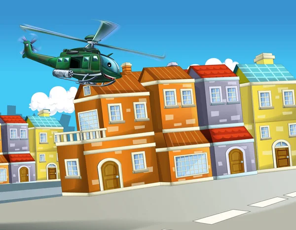 cartoon scene with helicopter flying in the city - illustration for children