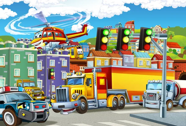 Cartoon Scene Met Verschillende Auto Voertuigen Straat Met Brandweerman Illustratie — Stockfoto