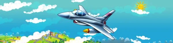 cartoon scene with plane flying in the city - illustration for children