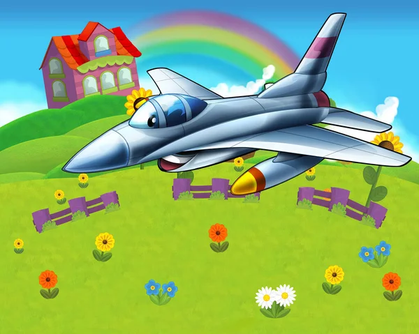 cartoon scene with plane flying in the city - illustration for children