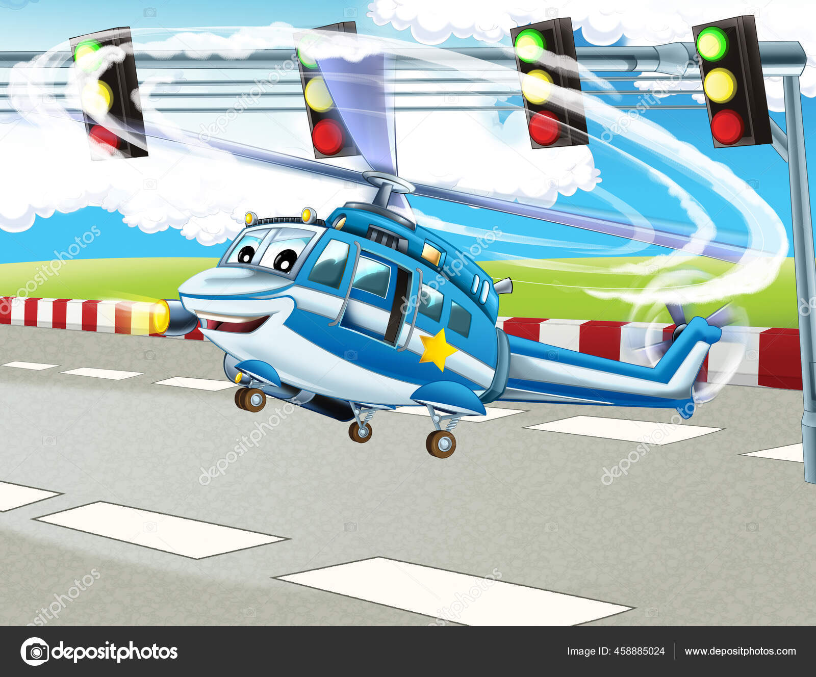 Adegan Kartun Dengan Helikopter Bahagia Terbang Kota Ilustrasi Untuk Anak Stok Foto C Illustrator Hft 458885024