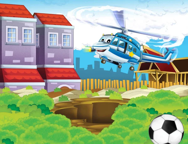 cartoon scene with happy helicopter flying in the city - illustration for children