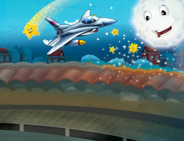 cartoon scene with plane flying in the city - illustration for children